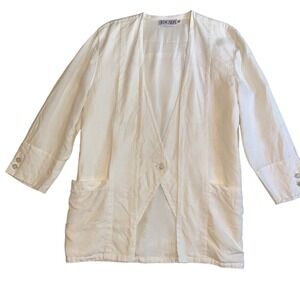 VTG Escada Linen Blazer Womens 40 Coat White Pockets Designer Chic Pearl Buttons